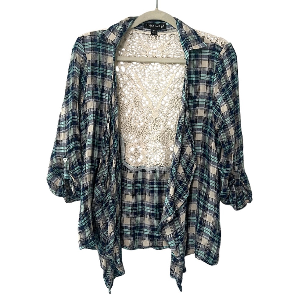 Blue Plaid Laced Back Draped Open Cardigan
